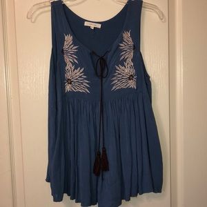 Embroidery Detail Blue Babydoll Tank